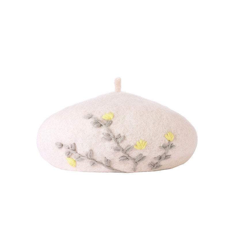 Wool French Beret - Embroidered – White