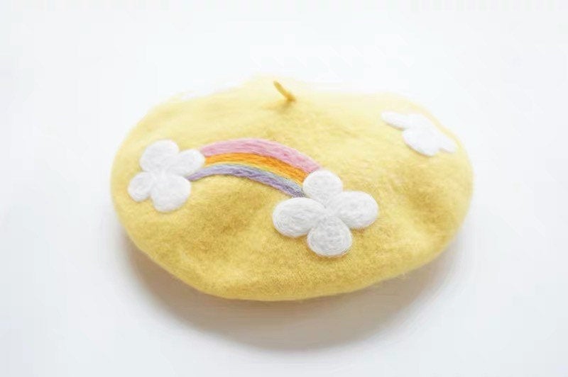 Women Berets Hat,Rainbow/Crying Cloud Beret, Spring Fall Winter Beret Hat, Handmade with 100% Wool, Painter Beret, Yellow.