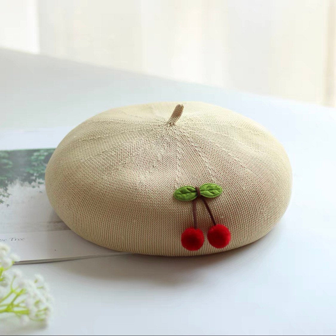 Cherry Beret Hat for Women and Girls.