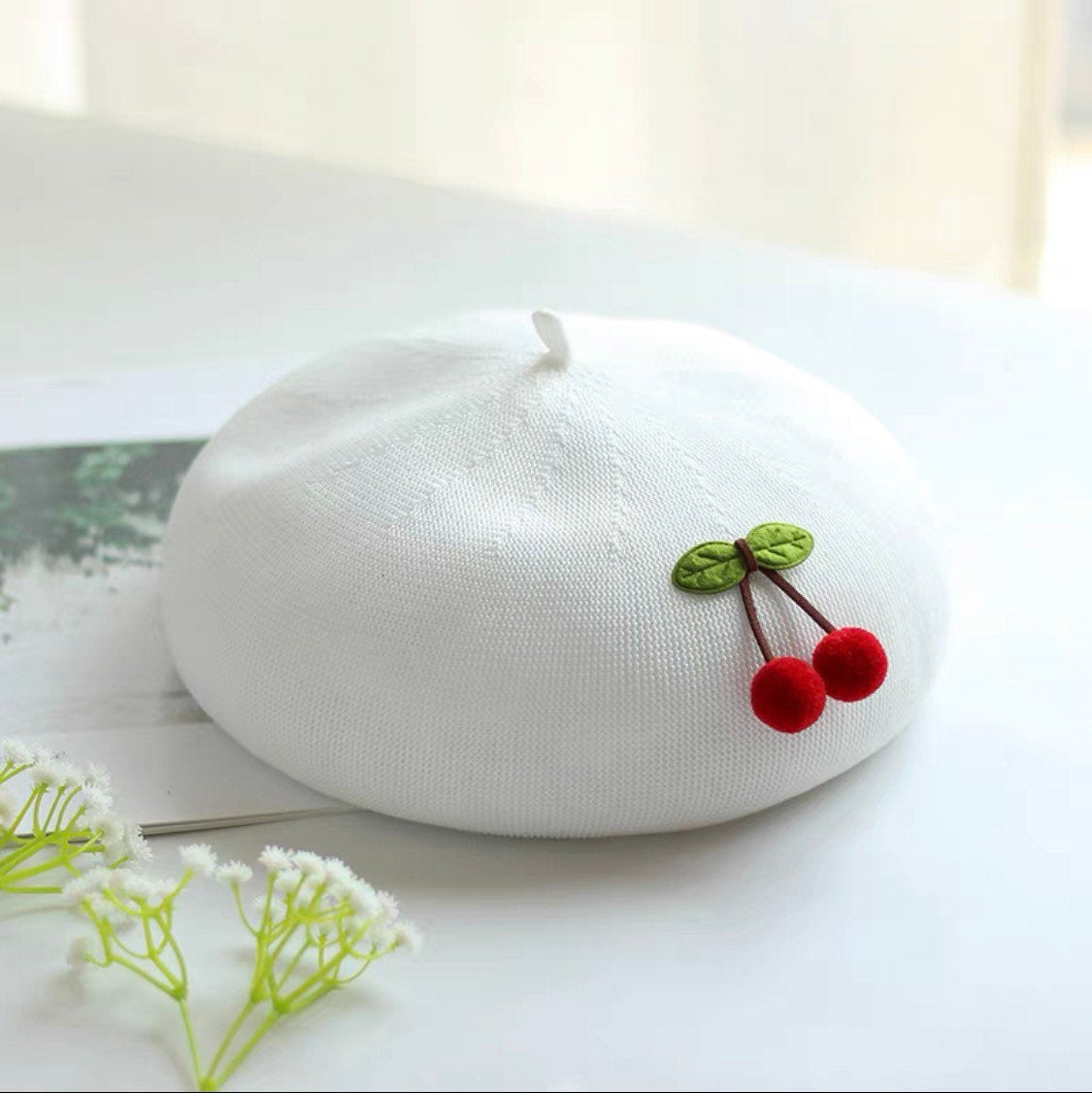 Cherry Beret Hat for Women and Girls.