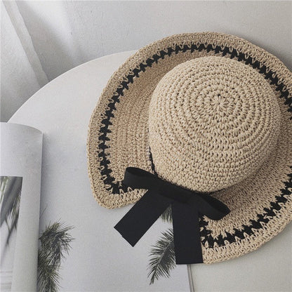 Oversized Summer Straw Hat with Bow Tie.