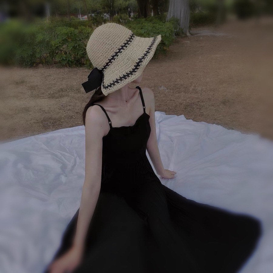 Oversized Summer Straw Hat with Bow Tie.