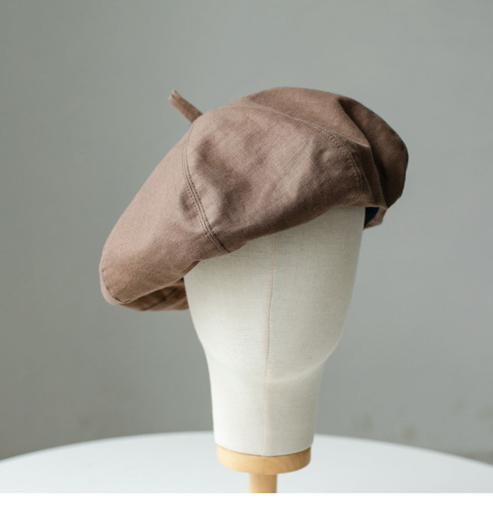 Oversized linen French beret for women – Brown, side view