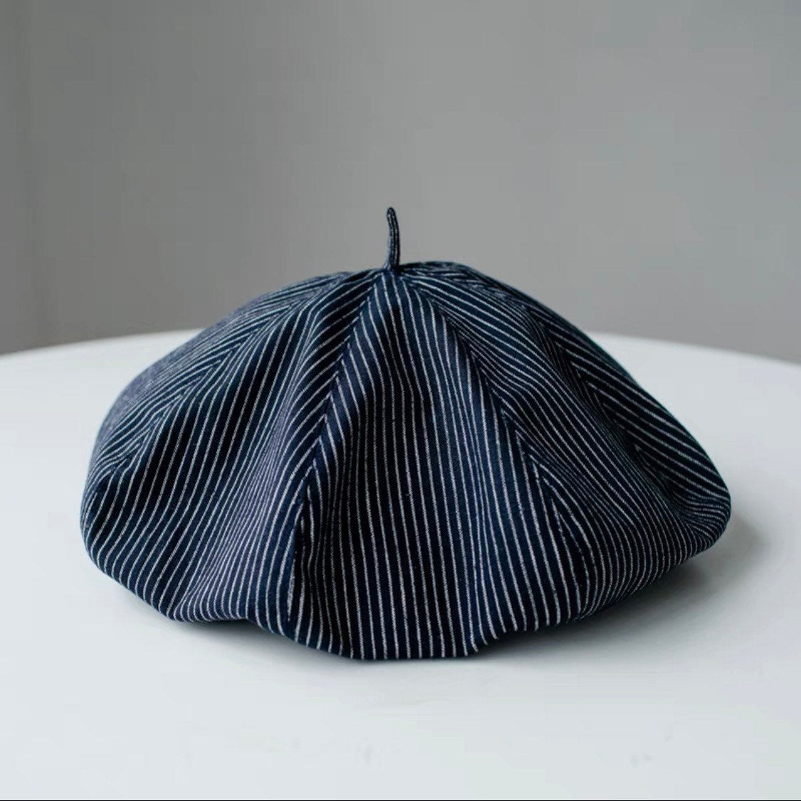Oversized linen French beret for women – Navy Stripe