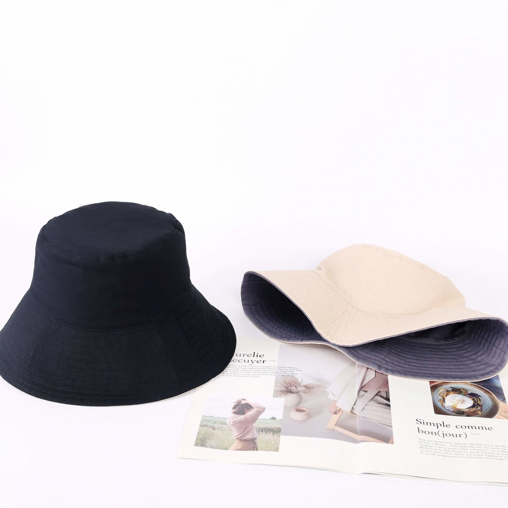M L XL XXL Reversible Wide Brim Bucket Hat | MspineappleCrafts Black-Beige / XL:60-62 cm