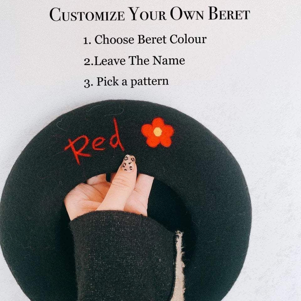 Personalized Wool Beret for Women/Girl/Kid, Embroidered Beret with Your Name and Pattern.