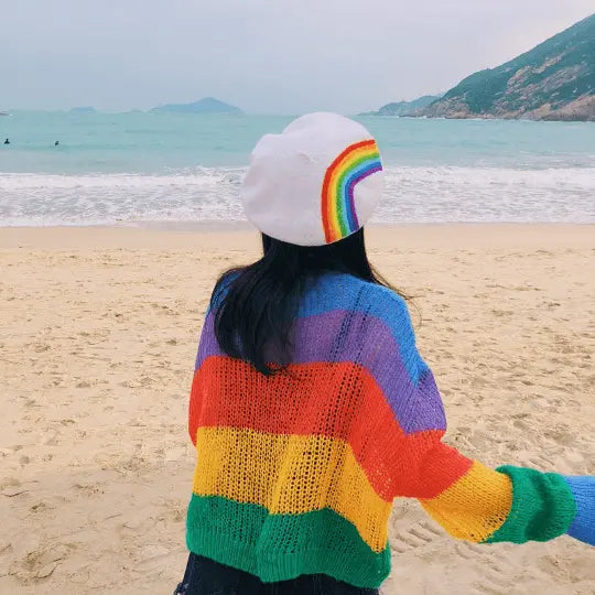 Rainbow Wool Beret for Women and Girls.