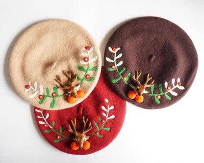 Reindeer Wool Berets Hat for Women and Kid.