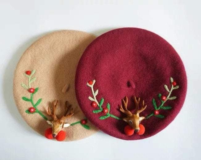 Reindeer Wool Berets Hat for Women and Kid.