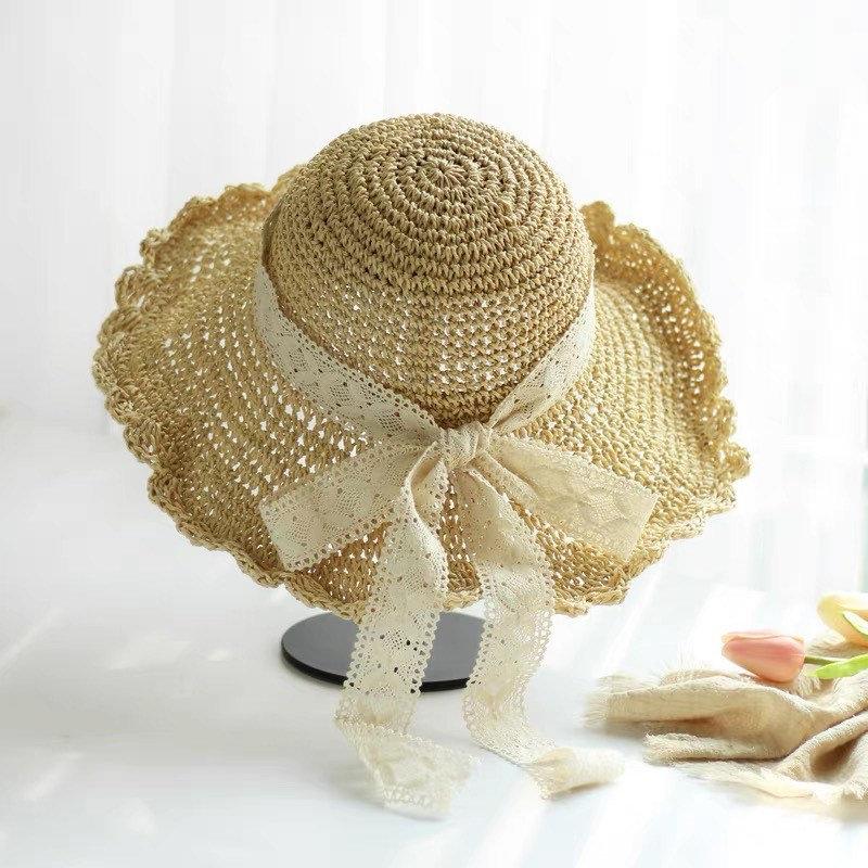Straw Hat with Bow Tie for Women Girl.