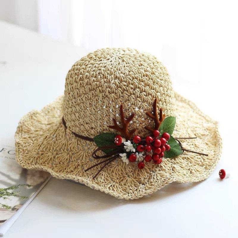 Whimsical Straw Sun Hat with Red Berry & Antler Decoration display picture 1
