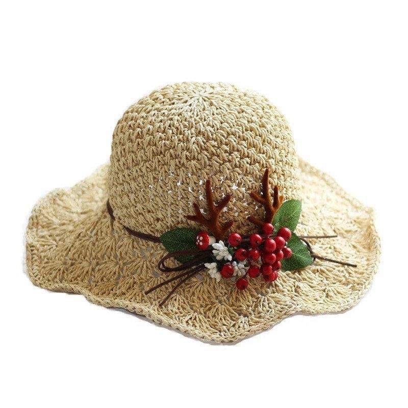 Straw Hat with Red Berries and Antler for Women/Girls.