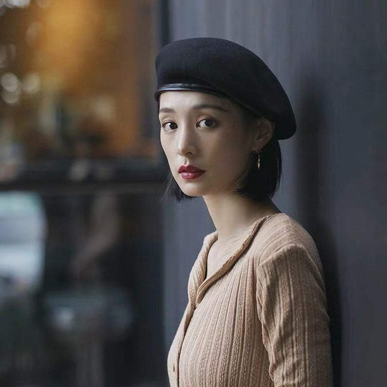 Vintage Style Wool Beret for Women with Leather Rim.