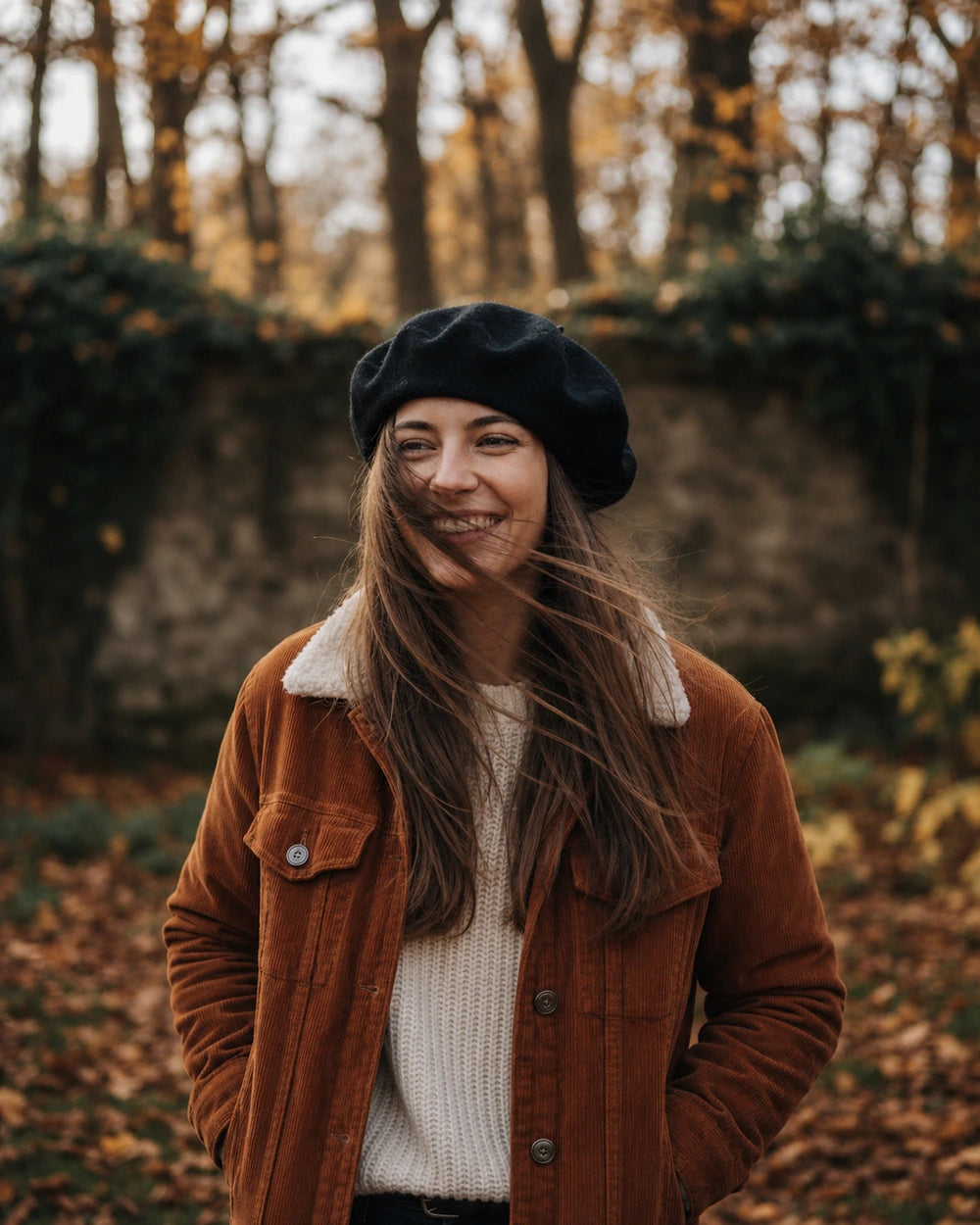 Smiling woman in a black wool beret and rust jacket in autumn woods
