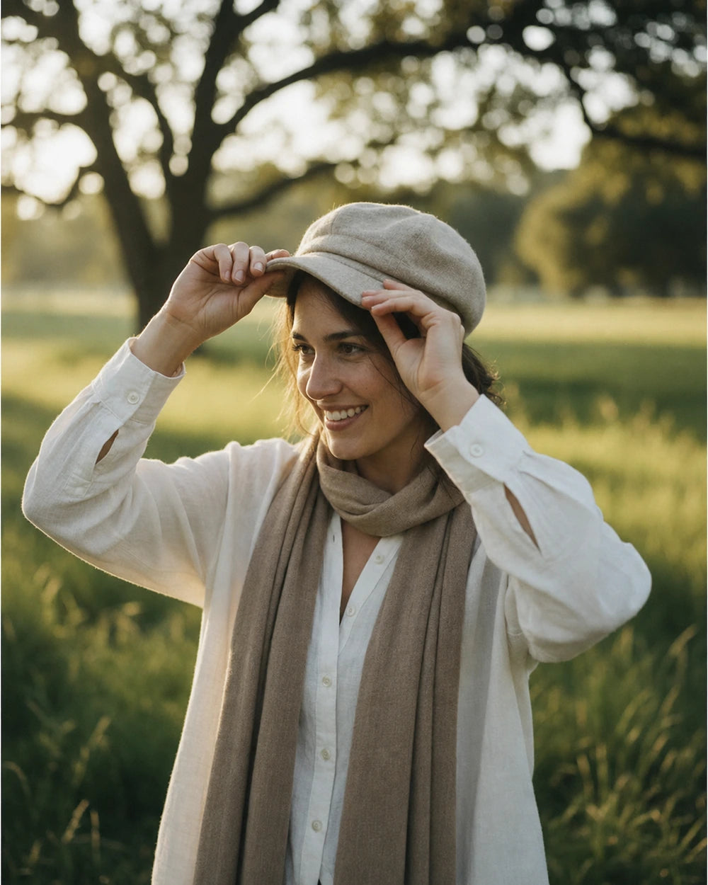 Smiling woman adjusting a cream newsboy cap in a sunlit park
