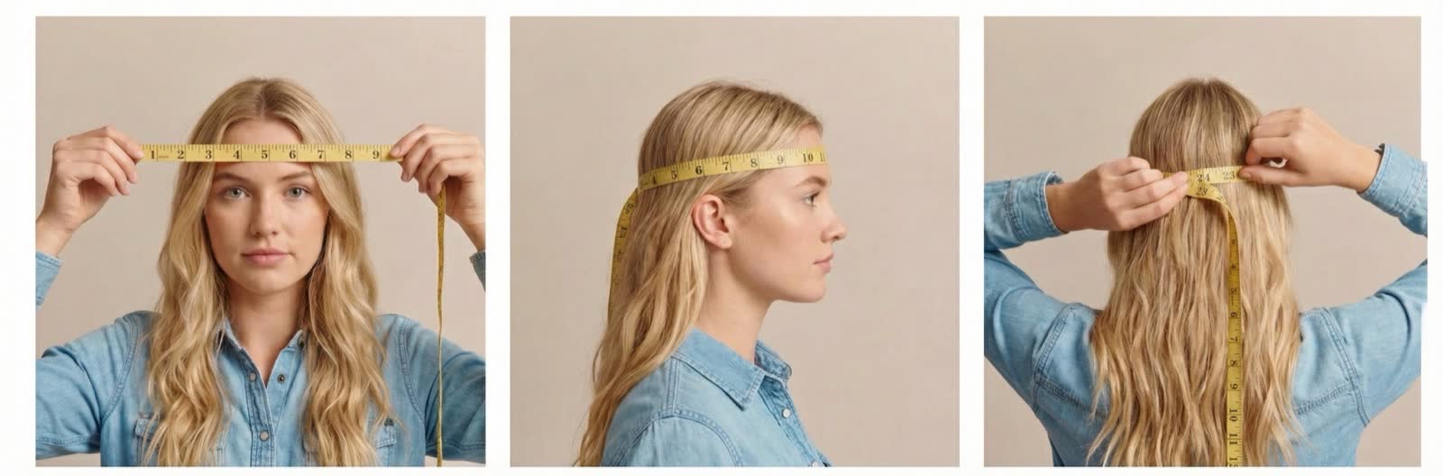 How to measure your head for a hat — front, side, and back views using a soft measuring tape