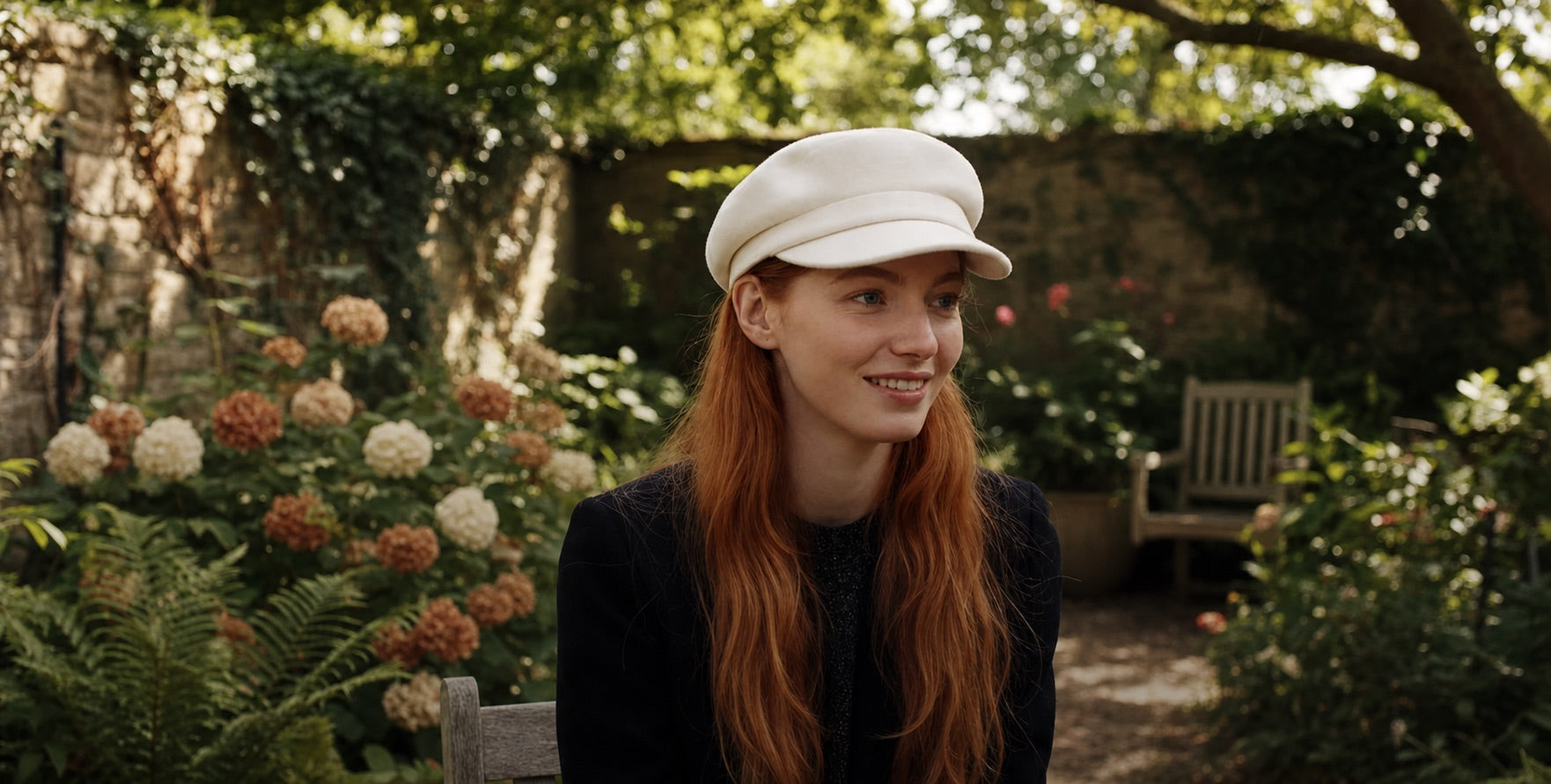 Woman wearing a cream newsboy cap in an English garden