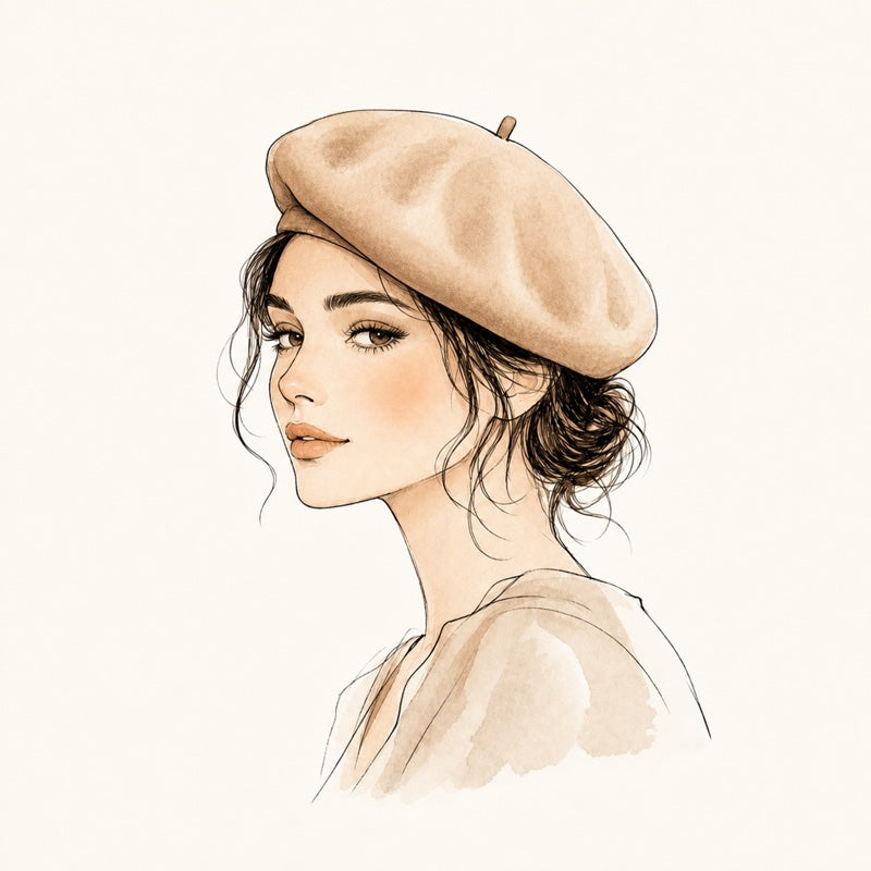 Watercolor portrait of a woman wearing a tan French beret