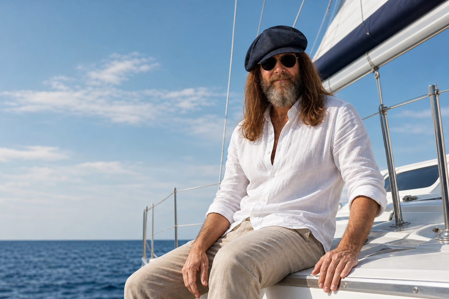 Man wearing a dark newsboy cap while seated on a sailboat