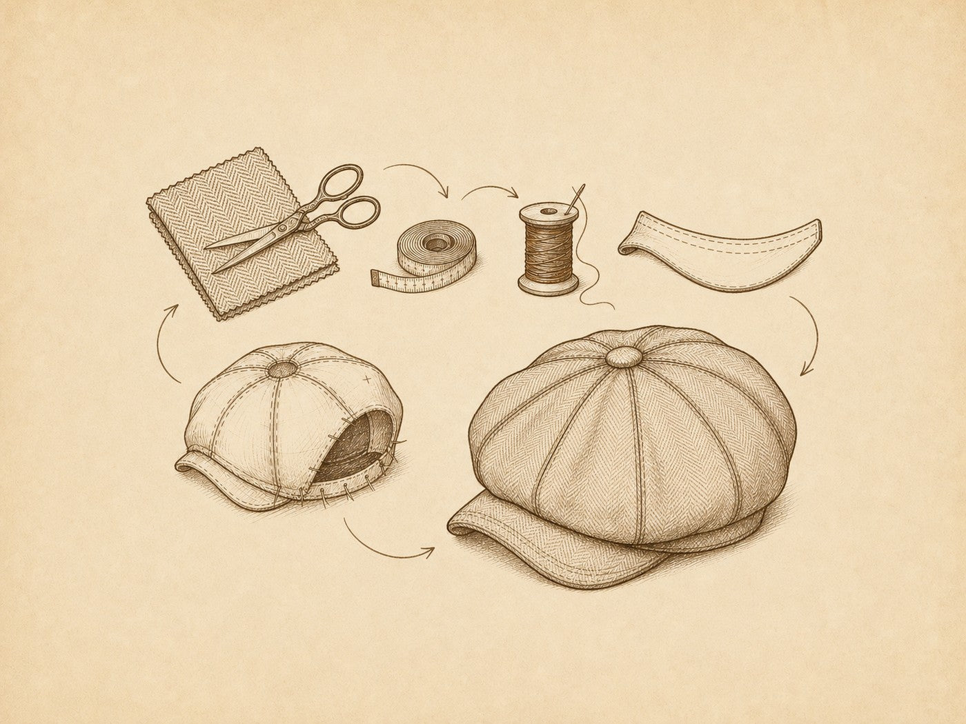 Vintage sepia illustration showing the handmade construction of a newsboy cap