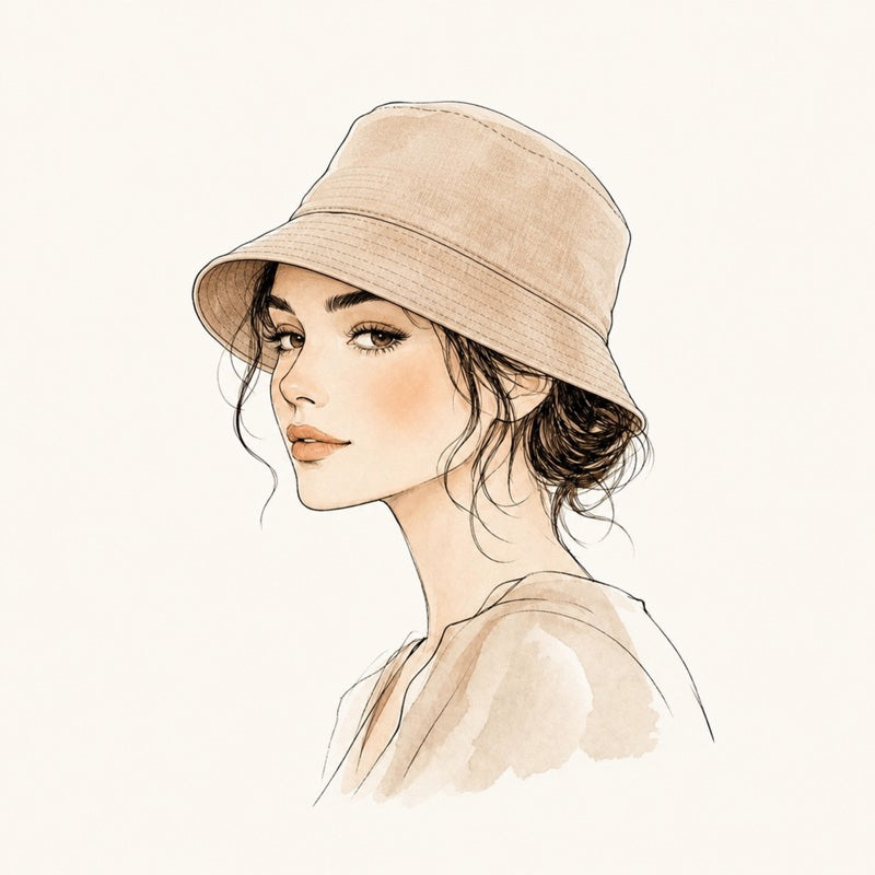 Watercolor portrait of a woman wearing a tan bucket hat
