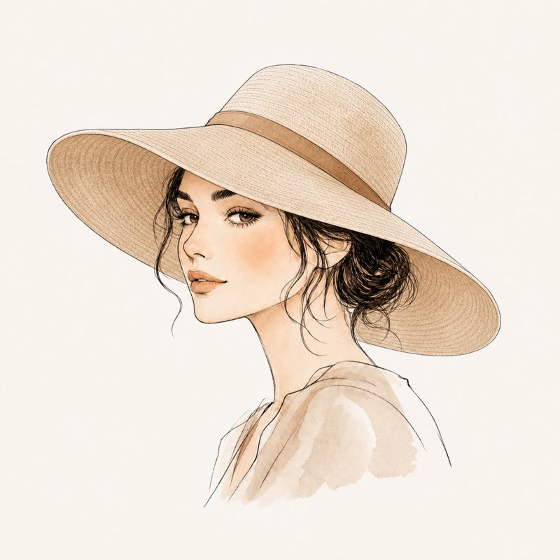 Watercolor portrait of a woman wearing a tan wide-brim sun hat