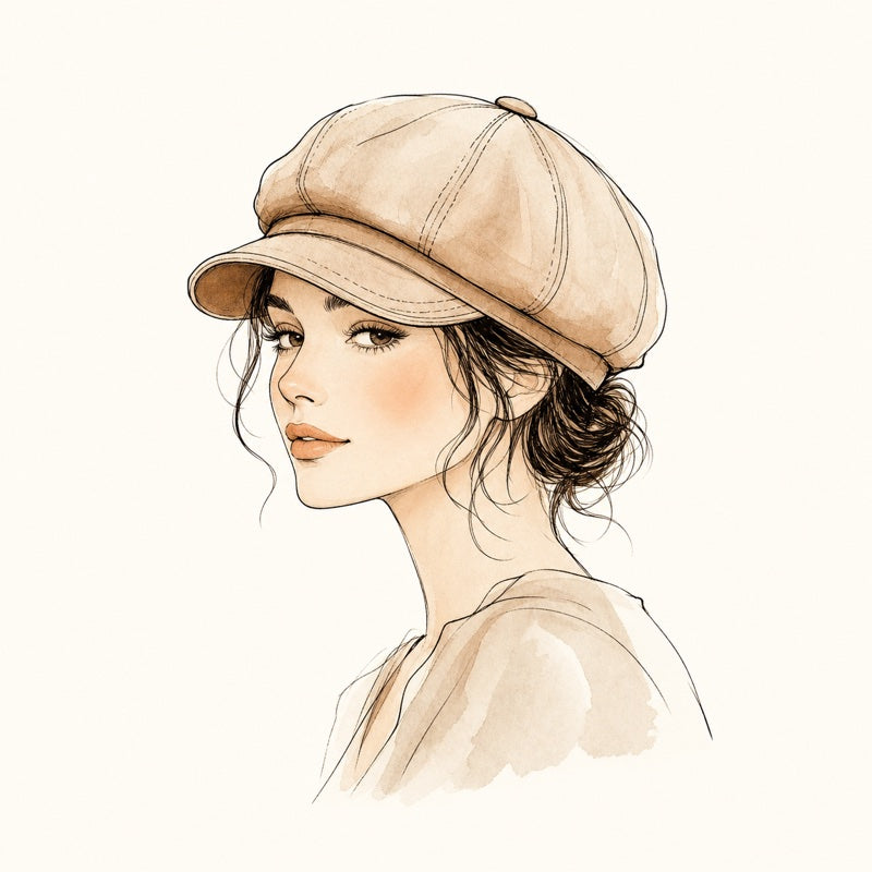 Watercolor portrait of a woman wearing a tan newsboy cap